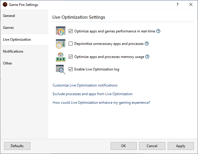 Game Fire Settings - Live Optimization