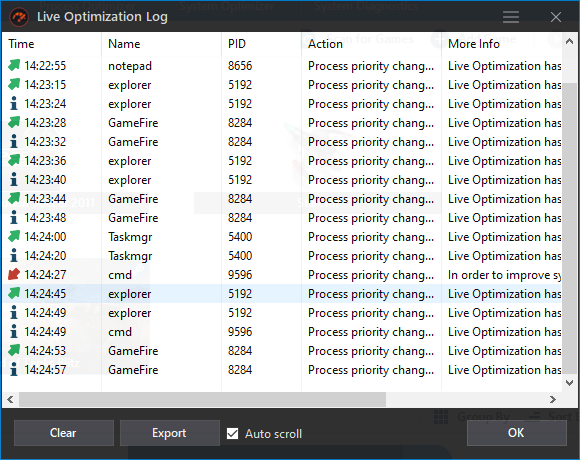 Game Fire - Live Optimization log