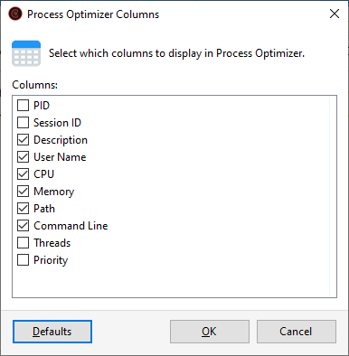 Game Fire - Process Optimizer Columns