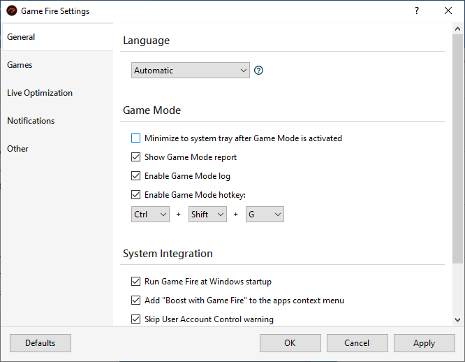 Game Fire Settings - General