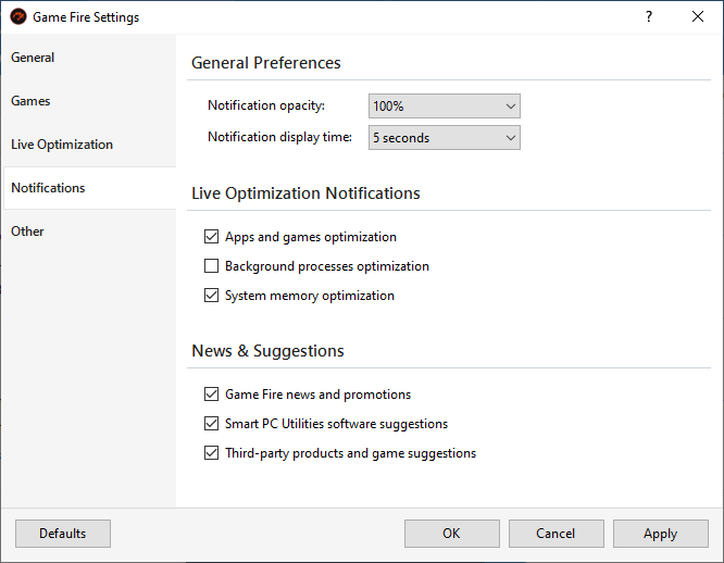 Game Fire Settings - Notifications