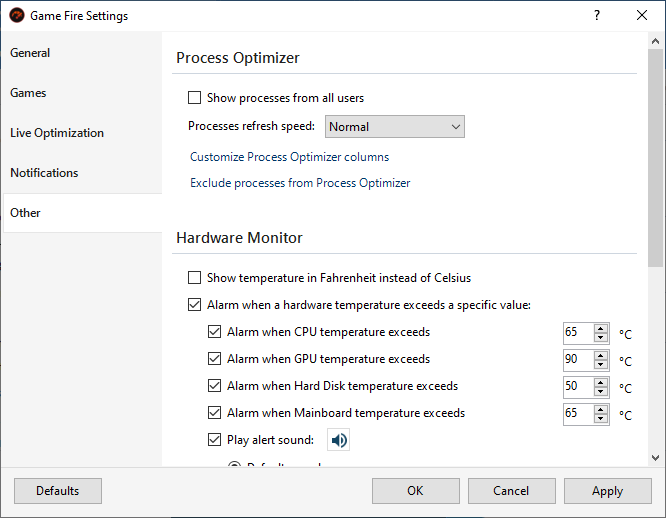 Game Fire Settings - Other